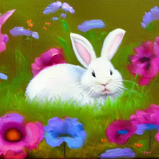 Prompt: detailed oil painting of a fluffy white rabbit sleeping in a patch of green flowers, deep brush strokes, glowing colors, clear resin gloss on canvas,