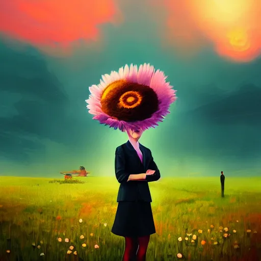 Image similar to giant daisy flower on head, frontal, girl in a suit, surreal photography, sunrise, dramatic light, impressionist painting, digital painting, artstation, simon stalenhag