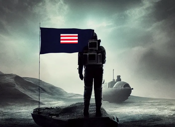 Prompt: astronaut holding a flag in an underwater desert. a submarine is visible in the distance. dark, concept art, cinematic, dramatic, atmospheric, 8 k, trending on artstation, low visibility, fog, ocean floor, christopher nolan, interstellar