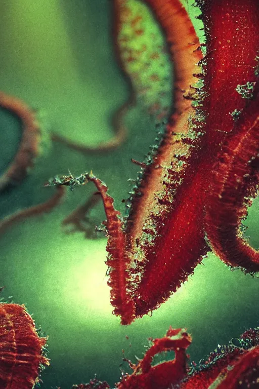 Prompt: Close-up portrait of an carnivorous plant after a DNA experiment, biology experiment, biomecha, dramatic backlighting, golden hour, autochrome, high contrast, highly detailed, sharp focus, focused macro photography, digital painting, tech garbage, concept art, illustration, cyberpunk, solarpunk, trending on artstation, art by greg rutkowski and greg hildebrandt, composition by Alphonse mucha