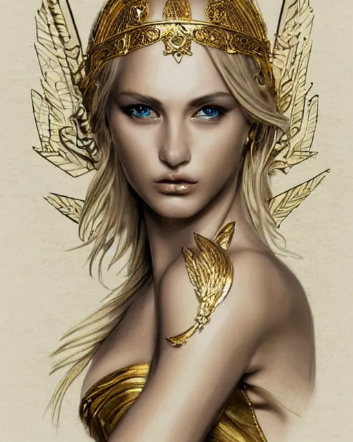 Image similar to tattoo design sketch of hot blonde super model as aphrodite greek goddess wearing a gold laurel wreath and triangle earrings, beautiful piercing gaze with sharp pupils, in the style of greg rutkowski, fantasy, amazing detail, epic, elegant, smooth, sharp focus, front view