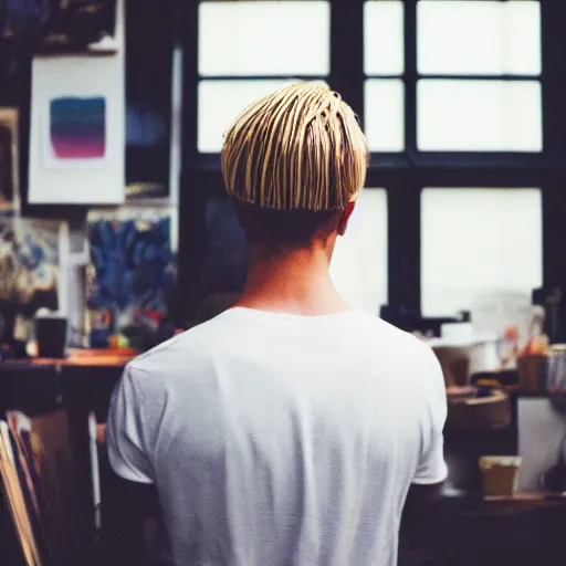 Prompt: kodak portra 4 0 0 photograph of a skinny blonde guy standing in cluttered art studio, back view, flower crown, moody lighting, moody vibe, telephoto, 9 0 s vibe, blurry background, vaporwave colors, faded!,