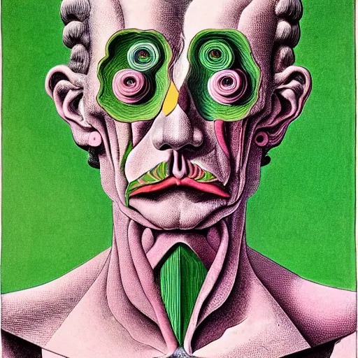 Image similar to green and pink graphic conceptual post - mortem monumental portrait made by escher and william blake and salvador dali, highly conceptual art, intricate detailed painting, illustration sharp detail, manga 1 9 9 0, experimentation cabinet