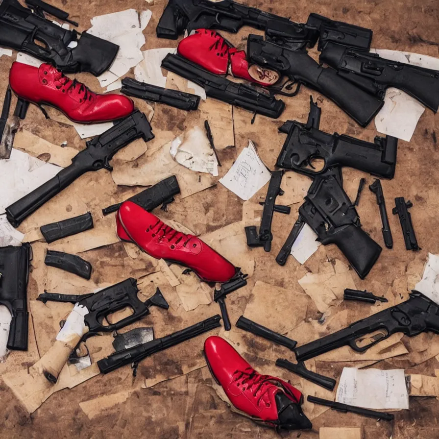 Image similar to 4 people, some guns, reality is collapsing, what the hell is this? red shoes, and some vegan food