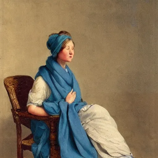 Image similar to A beautiful installation art of a lady with a blue scarf on her head, sitting in a chair with her eyes closed. cloudpunk by Paulus Potter robust, riotous