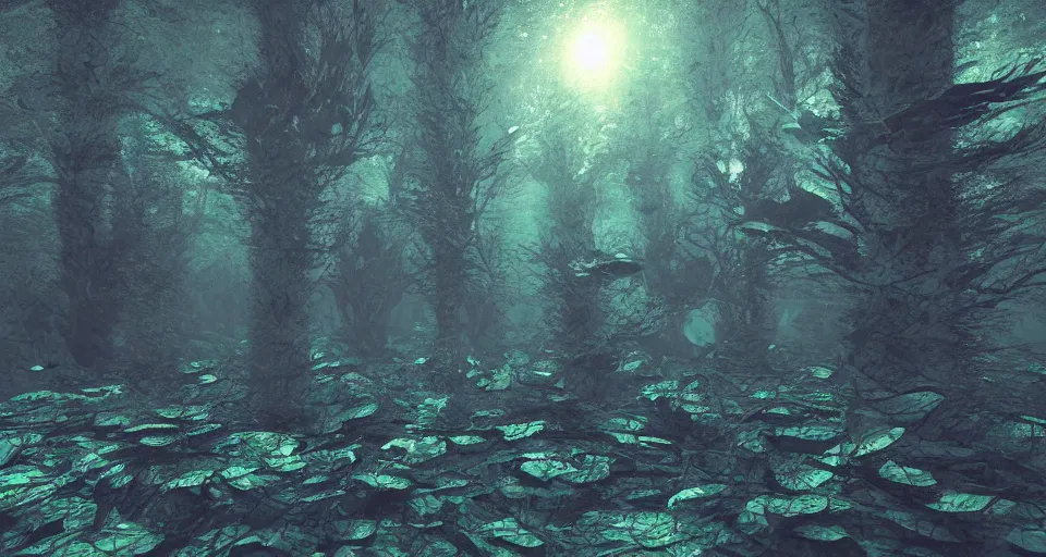 Image similar to 3d Render of deep sea forest, grainy, noisy