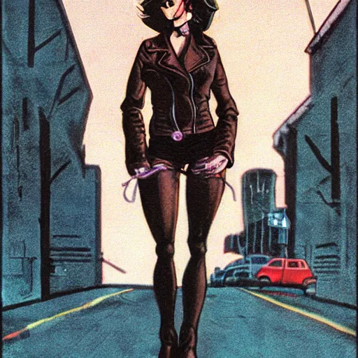 Image similar to young female protagonist in leather jacket, city street, artwork by ralph bakshi