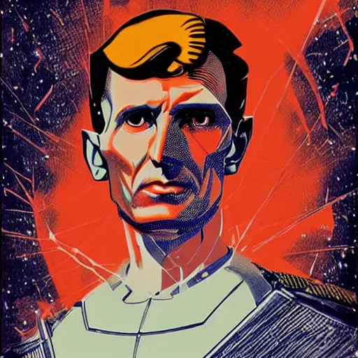 Prompt: Nikola Tesla as a superhero, by MARVEL comics and Sandra Chevrier