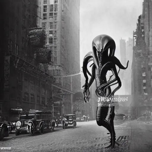 Image similar to old black and white photo, 1 9 1 3, depicting a xenomorph from the movie aliens rampaging through the bustling streets of new york city, historical record