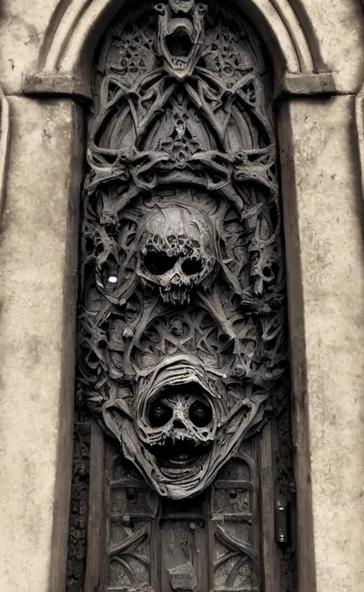 Image similar to port door with carved sinister face head. meduza gorgona. cast iron. gothic medieval baroque. symmetry. epic. ominous shapes. hyper detailed. photoreal. trending on artstation