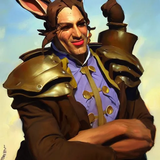 Image similar to greg manchess portrait painting of partially armored of the march hare from alice in wonderland as overwatch character, medium shot, asymmetrical, profile picture, organic painting, sunny day, matte painting, bold shapes, hard edges, street art, trending on artstation, by huang guangjian, gil elvgren, ruan jia, randy vargas, greg rutkowski