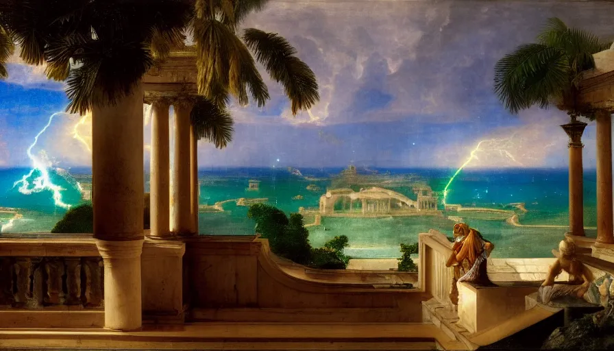 Prompt: From inside the balcony of the giant Palace, mediterranean balustrade and columns, refracted line and sparkles, thunderstorm, greek pool, beach and Tropical vegetation on the background major arcana sky and occult symbols, by paul delaroche, hyperrealistic 4k uhd, award-winning, very detailed paradise