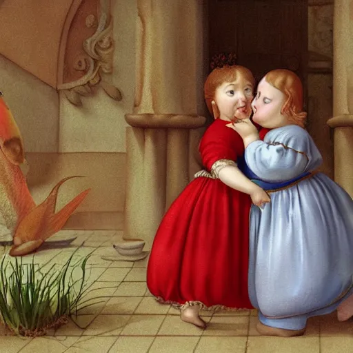 Image similar to a stylize oil painting in renaissance style of a very sweet little fat girl kissing a huge colorful cute fish. red mouth, blue eyes. flowery dress. hyper realistic scene. 3 d, octane render, deep focus, white scene. very funny and sweet image. unreal engine. watercolor. fellini style. poster quality. da vinci painting style. pencil illustration.