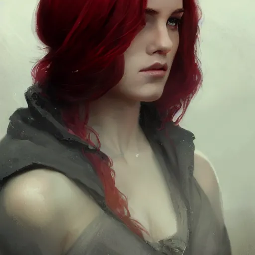 Prompt: portrait of a gorgeous young irish woman with red hair wearing tattered black robes, HD, D&D 4k, 8k, incredibly detailed, intricate, masterpiece, digital illustration by greg rutkowski and tom bagshaw and brom, trending on artstation, character design, concept art