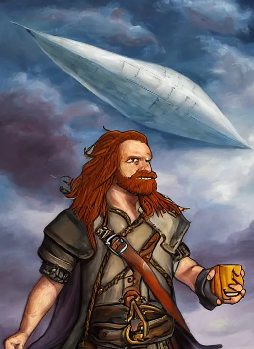 Image similar to epic fantasy portrait painting of a long haired, red headed male sky - pirate in front of an airship in the style of the simpsons