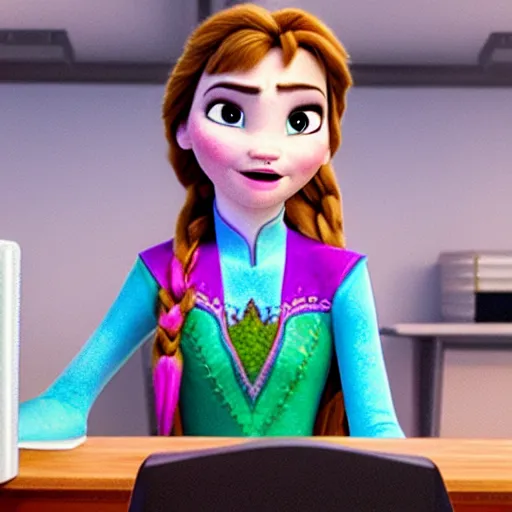Prompt: a bleak, sa image of anna from frozen, working a desk job, behind a computer.