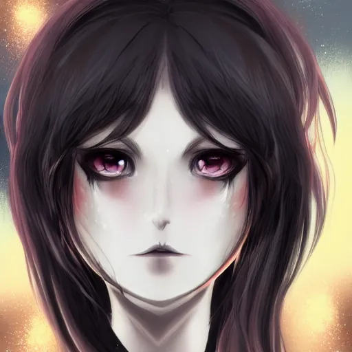 Image similar to front-facing headshot of a young gothic anime woman with black hair and golden highlights, wearing pretty makeup, drawn by WLOP, by Avetetsuya Studios, anime drawing, trending on artstation