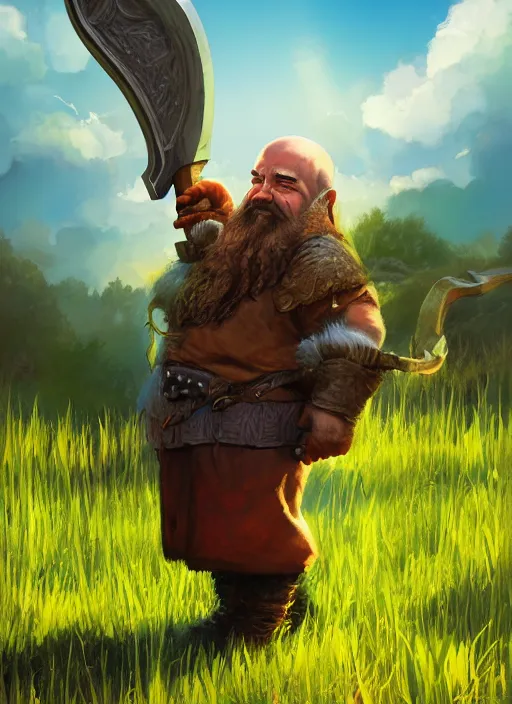Image similar to A fantasy comic book style portrait painting of a axe wielding fantasy d&d dwarf in a open meadow field in the summer, unreal 5, DAZ, hyperrealistic, octane render, RPG portrait, ambient light, dynamic lighting