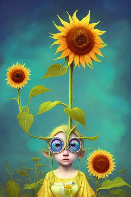 Image similar to a surreal Bioluminescent, very very very cute sunflower in a happy world by Daniel Merriam, Trending on Artstation, oil on Canvas by Elena Zhurikhina and Goro Fujita and Charlie Bowater, octane render, 4k, 8k, HD