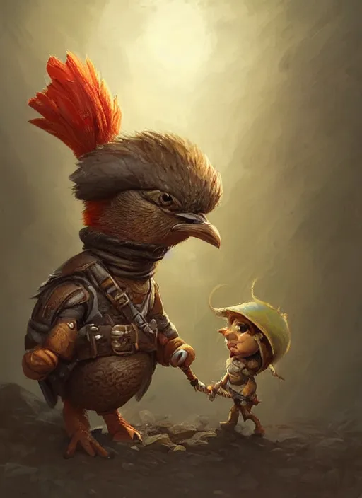 Image similar to cute little anthropomorphic rockfowl explorer wearing steppe cap, tiny, small, miniature animal, baby animal, short, pale black armor, cute and adorable, pretty, beautiful, DnD character art portrait, matte fantasy painting, DeviantArt Artstation, by Jason Felix by Steve Argyle by Tyler Jacobson by Peter Mohrbacher, cinematic lighting