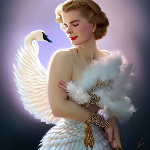 Image similar to Grace kelly with a decorated dress made of white pearls and white plumes of swan, highly detailed, realistic digital painting, Trending on artstation , HD quality, by artgerm and greg rutkowski and alphonse mucha, dramatic light, octane