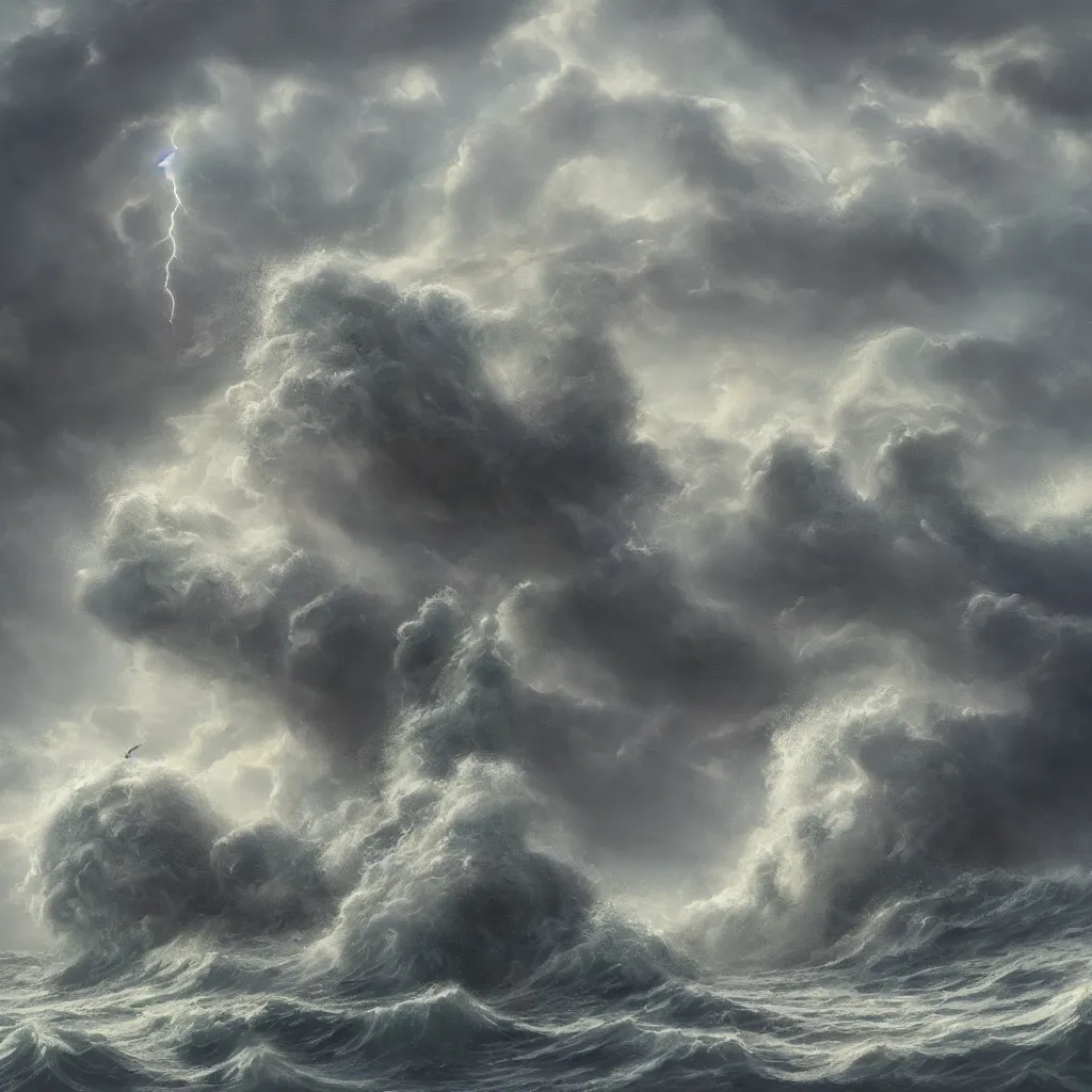 Image similar to a fantasy book style portrait of a giant dragon, stormy sea, giant waves, lightning, small boat, oil painting, 4 k