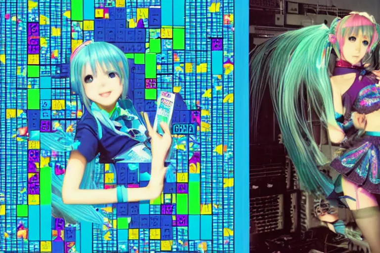 Prompt: fractal hatsune miku playing tetris, romance novel cover, cookbook photo, in 1 9 9 5, y 2 k cybercore, industrial photography, still from a ridley scott movie