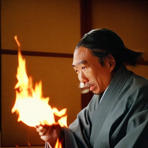 Image similar to cinematic film still of JID starring as a Japanese Sensei with fire, Japanese CGI, VFX, 2003, 40mm lens, shallow depth of field, film photography