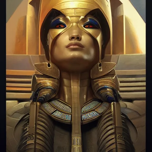 Image similar to a cybernetic version of the egyptian pantheon, highly detailed, digital painting, trending on artstation, extreme long shot, matte, sharp focus, illustration, art by artgerm, greg rutkowski, magali villeneuve, and adolphe bouguereau,