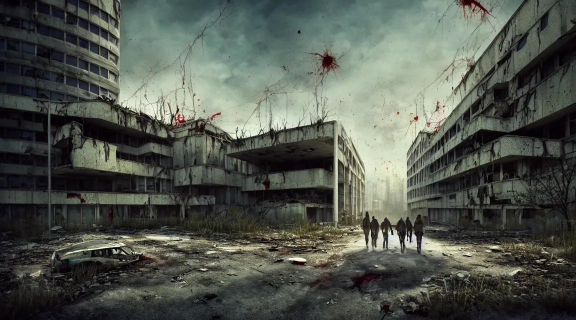 Prompt: post apocalyptic hospital building, survivors walking, morning, building, avenue, modern contemporary urban americana concrete architecture, by pascal blanche, neil blevins, apocalyptic color palette, trending on artstation, photorealistic, wilderness ambiance, ultra detailed, high definition, depth of field, bokeh, rubble, wild vegetation, blood stains, building crumbling