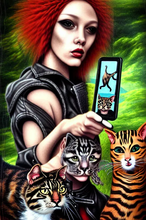 Prompt: punk rock girls making selfie with cats in jungle , mad max jacket, post apocalyptic, renaissance, oil painting like Leonardo Da Vinci, hyper realistic style, fantasy by Olga Fedorova,
