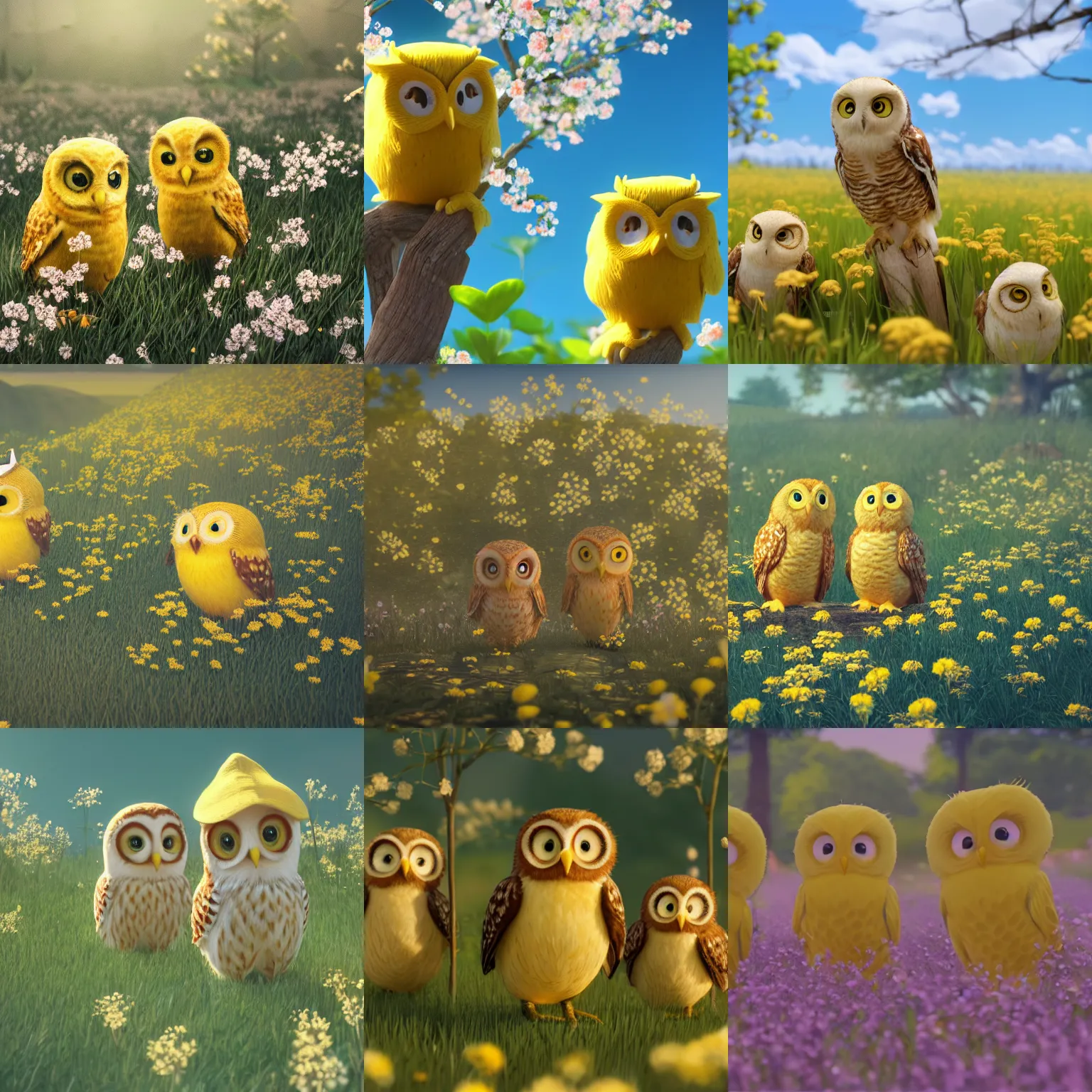 Prompt: film still of happy content cute yellow owls wearing hats, in a field of delicate dainty blossoms, makoto shinkai, cinematic lighting, volumetric lighting, sunny, highly detailed, hand drawn, intricate, illuminated, 8k