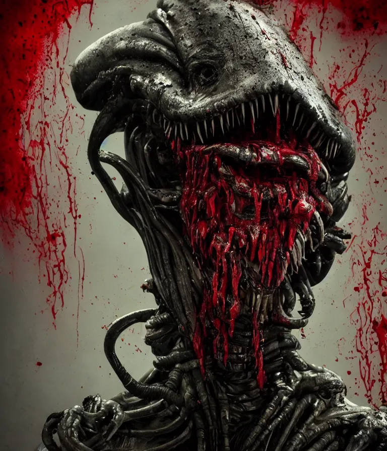 Image similar to very terrifying cenobite xenomorph demon splattered with blood, portrait showing entire scary head, neo-expressionistic, maximalist, horror monster masterpiece, trending on DeviantArt, 4K resolution, dark cinematic, hyperrealism, octane render, volumetric lighting, ultra-detailed, chiaroscuro, dark black background, in the style of Giger and Ralph Steadman and Da Vinci,