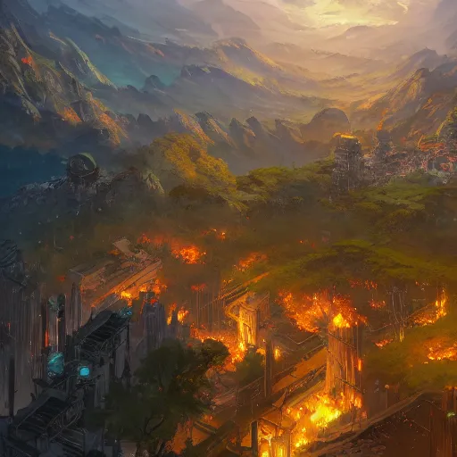 Prompt: a birds eye view overlooking an ancient fantasy city surrounded by mountains and trees of greens and browns, rivers and lakes, the city is burning by Jordan Grimmer, Asher Brown Durand and Ryan Dening, 8k, artstation, beautiful color pallette