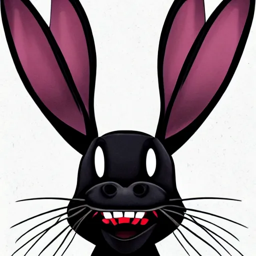 Image similar to A extremely highly detailed majestic hi-res beautiful, highly detailed head and shoulders portrait of a scary terrifying, horrifying, creepy black cartoon rabbit with scary big eyes, earing a shirt laughing, hey buddy, let's be friends, in the style of Walt Disney animation