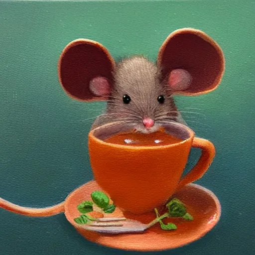 Image similar to A mouse cozied up for the evening sipping tea, oil painting