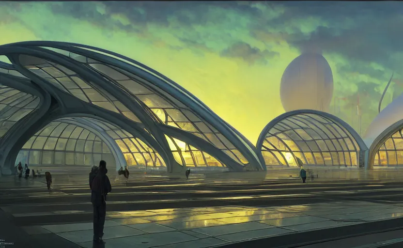 Prompt: exterior shot of utopian architecture airport with cinematic lighting by zaha hadid and renzo piano, darek zabrocki and greg ruthkowski, alphonse mucha, simon stalenhag, cinematic, holy place, paradise, scifi, futurism, atmospheric, sunset, concept art, artstation, trending on artstation