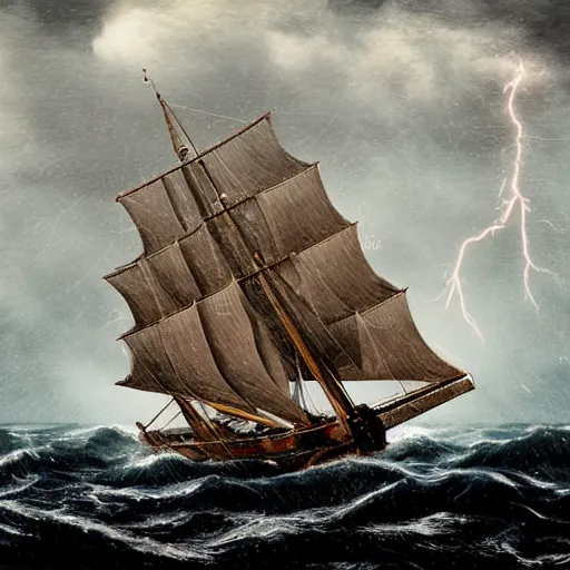 Image similar to A large, very old, wooden ship sailing across the ocean in the middle of a huge rain storm, with lots of dark clouds and lightning, very realistic.