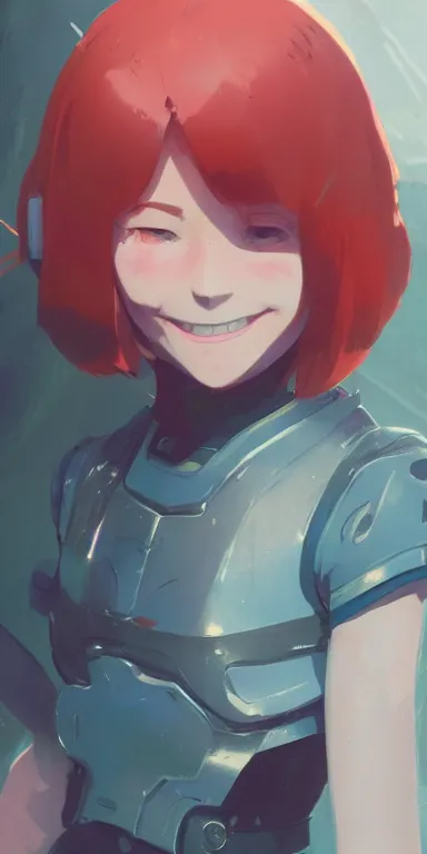 Image similar to concept art of young cute curvacious redhead cyborg woman softly smiling at camera wearing 🩳 and 👕 illustration illustration concept art anime key visual trending pixiv fanbox by wlop and greg rutkowski and makoto shinkai and studio ghibli and kyoto animation