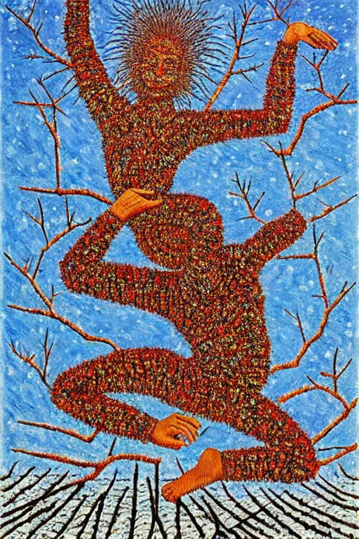 Prompt: ivan marchuk style nataraja dancing in a winter birch grove and raising snow clouds during a solar eclipse, visionary art style