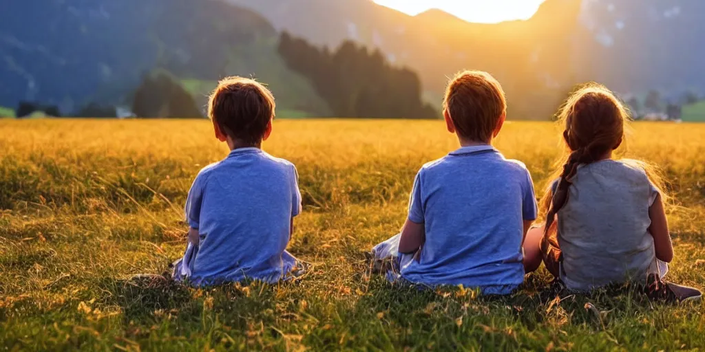 Prompt: A boy and a girl sitting on a beautiful grass field in switzerland, admirring thr beauty as the sunsets with beautiful cinematic lightning, stunning beauty