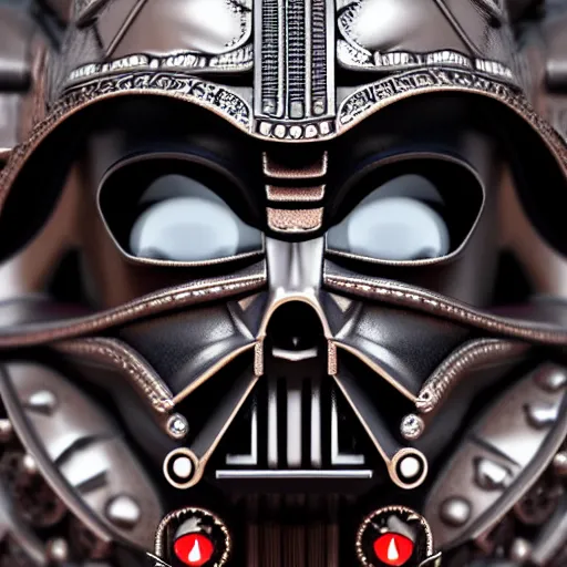 Image similar to A close up symmetric steampunk darth vader mask with sparkling eyes made from ornate engraved full plate armor and Rolex gears and jewels and gems, macro shot by Justin Gerard, unreal engine, detailed, intricate, physically based rendering