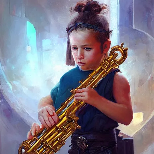 Image similar to stunning portrait of 3yo greek argonaut Orpheus playing the golden lyre, painting by Raymond Swanland, cyberpunk, sci-fi cybernetic implants hq