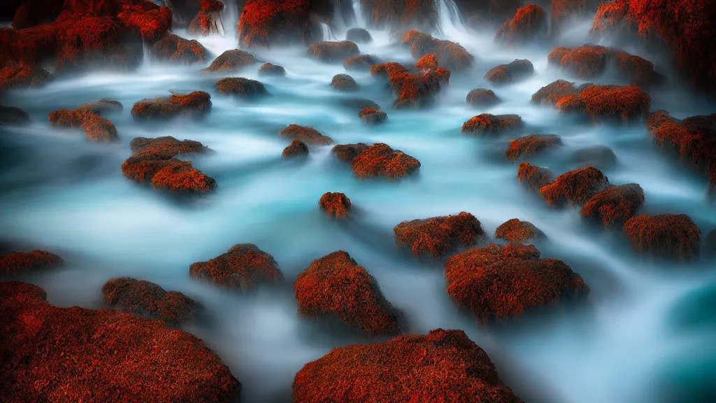 Image similar to amazing landscape photo of natural hot springs by marc adamus, beautiful dramatic lighting