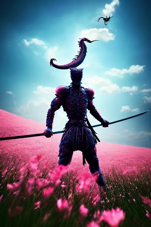 Image similar to illustration cinematic humanoid dragon yielding katana in a field of pink flowers, highly detailed digital art masterpiece, smooth vitaly bulgarov eric zener dramatic blue light, ground angle uhd 8 k, sharp focus