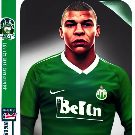 Image similar to kylian mbappe dressed with the betis football team shirt in the benito villamarin, 4 k extremely photorealistic, high contrast colors, hyper detailed!!