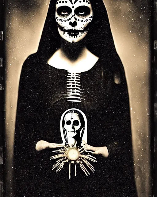 Image similar to tintype virgin mary in dia de muertos dress and makeup high quality photo, microchip, artificial intelligence, bio - mechanical bio - luminescence, black wired cables, neurons, nerve cells, cinematic, rim light, photo - realistic, high detail, 8 k, masterpiece, high fashion, in the style of steven meisel dora maar h. r. giger