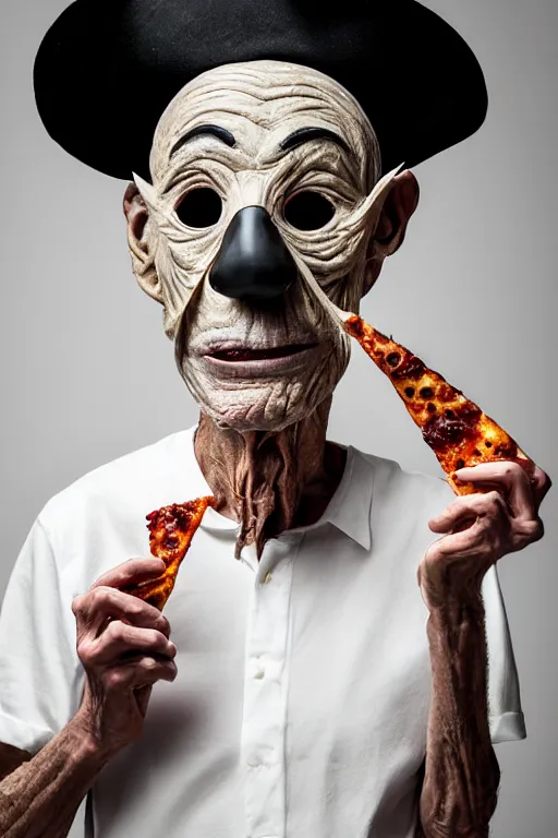 Prompt: portrait photo of an old wrinkled man, skinny face, bony face, long crooked nose, large gaping mouth, black pulcinella mask, masquerade mask, pointy conical hat, white wrinkled shirt, holding up a pizza, presenting a large pizza, close - up, skin blemishes, menacing, intimidating, masterpiece by lisa kristine