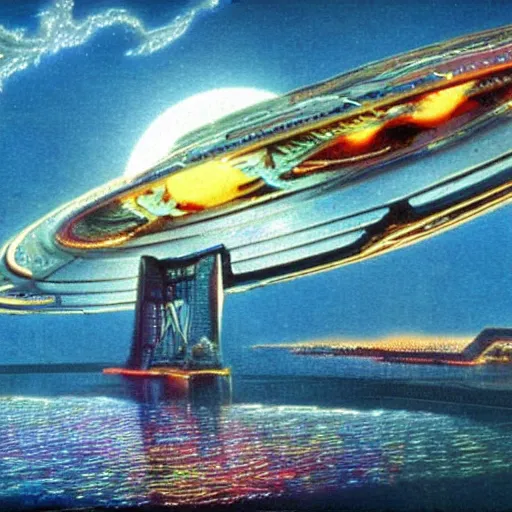 Image similar to floating holographic krang spaceship floating underneath rainbow gate bridge, art by bruce pennington, cinema still, film grain