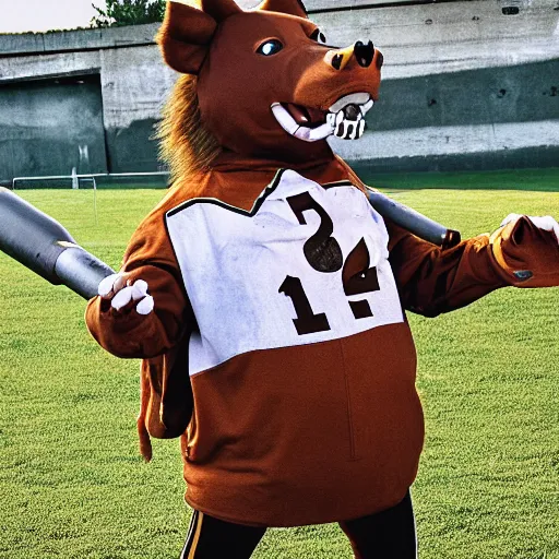 Prompt: A boar fursuit in a football jersey smoking a big cigar, yearbook photo.